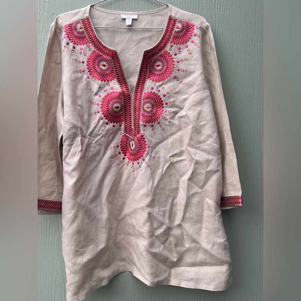 Charter Club Beige Tunic with Pink Embroidery